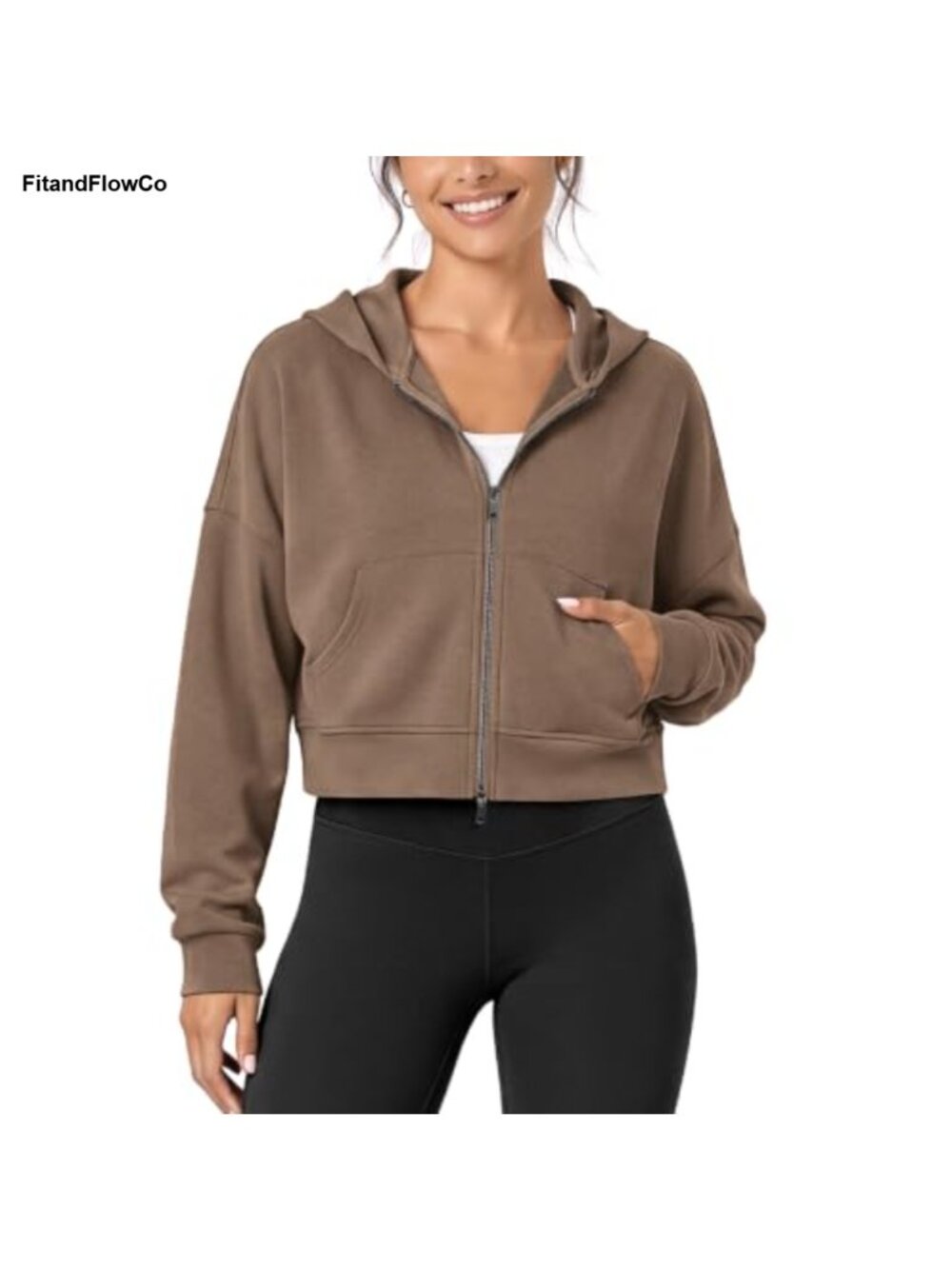 Modal Soft Full-Zip Cropped Hoodie with Pockets Long Sleeve Casual Sweatshirt